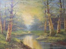 A large retro style oil on canvas depict a woodland pond