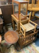 A small drop leaf table, display cabinet, childs armchair, canterbury and a walnut table (5)