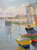 A contemporary oil on board depicting fishing boats in a harbour 39 x 36 cm