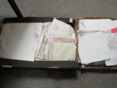 Two trays of embroidery, linen etc