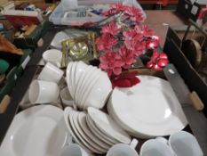 Two trays of ceramics and sundries to include a clock