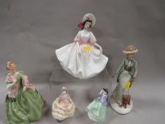A collection of five figurines to include Royal Worcester and miniature Royal Doulton examples