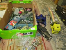 A tray of vintage Airfix army figures, vehicles, Shell tanker, Transformer mask etc