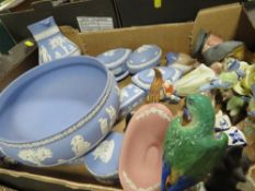 A tray of ceramics to include Wedgwood blue jasperware Imperial bowl etc