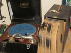 A Rondo gramophone and a box of gramophone records