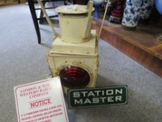 A vintage railway lantern together with two modern reproduction signs (3)