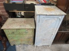 A small chest of drawers and cabinet covered in map paper