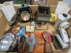 A tray of vintage motoring and cycling accessories to include car badges, lamps etc