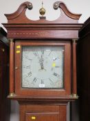 A 19th century oak and mahogany inlaid 30 hour long case clock with painted face H 212 cm