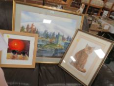 A large Scottish Loch watercolour 47 x 60 cm, together with a modern sheep picture and a seated cat