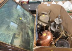 A quantity of assorted metal ware to include a copper spirit kettle on stand