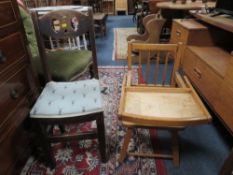 A childs wooden high chair together with a childs oak chair (2)