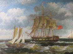 A contemporary oil on board depicting sailing ships in a heavy gilt frame 11.5 x 17 cm