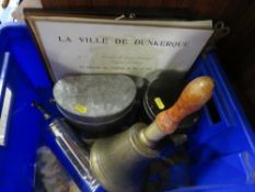 A box of militaria, to include a brass air raid hand bell, various framed certificates etc
