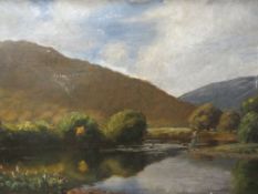 A 19th century oil on canvas depicting a man fishing in a nicely carved gilt frame 26.5 x 39.5 cm