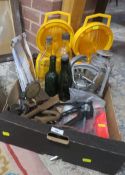 A tray of assorted collectables to include hand tools, road lights, hand magnets, vintage bottles