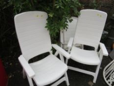Three fold up white plastic garden relaxer chairs - no cushions A/F