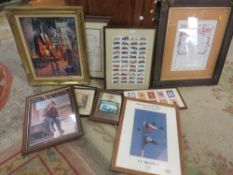 A collection of assorted pictures and prints to include a small Rolls-Royce mirror, car cigarette