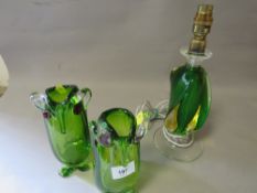 Two studio glass owl vases together with studio glass lamp (3)