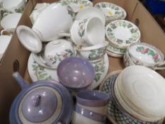 Three trays of ceramics to include Wedgwood Santa Clare examples, Coalport quatrefoil style tea/