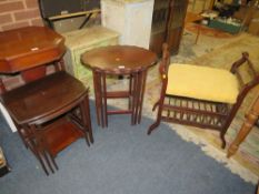 Two vintage mahogany nests of tables together with an Edwardian mahogany piano stool