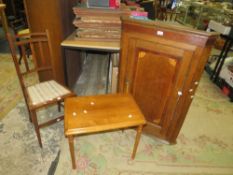 An antique oak inlaid hanging corer cupboard together with a bedroom chair and a small occasional