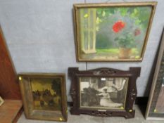 An Art Nouveau oak picture frame together with a still life floral painting, and Dutch style naïve