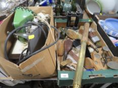 A tray of assorted collectables to include powder flasks, etc together with a tray of sundries to