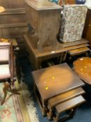 An oak nest of tables together an oak trolley, and an oak sewing box (3) A/F