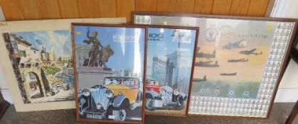 A pair of framed Rolls-Royce posters together with a Portuguese harbour painting, RAF print and a