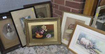 A collection of assorted pictures and prints to include oak framed photographs, portraits etc….
