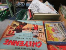 A tray of vintage board games to include Escalado together with a tray of vintage books etc