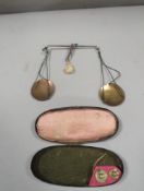 A Georgian pocket coin balance scales, in original japanned case