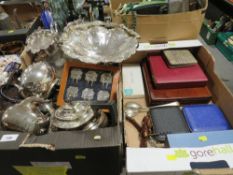 A tray of assorted silver plated ware to together with a tray of cased flatware etc