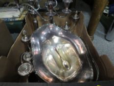 A tray of silver plated ware to include wine funnel, candelabra etc
