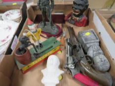A tray of collectables to include an articulated money box