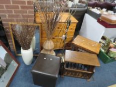 An oak nest of tables, modern standard lamp, two vases, oak magazine rack, etc.