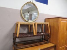 A circular gilt framed wall mirror together with a glass top nest of tables, smokers stand,