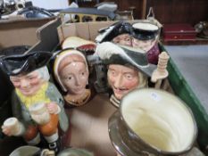 A tray of character jugs etc to include Royal Doulton Catherine of Aragon, Aramis etc