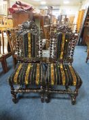 A pair of oak carved barley twist Jacobean style chairs