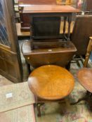 A small oak drop leaf table together with an oak sewing box and a little occasional table (3)