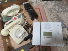 A tray of vintage telephones to include a modern Stentofon by Jacob Jensen and a realistic hand held