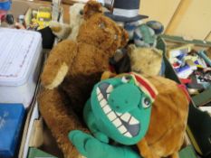 A tray of soft toys to include a Merrythought teddy bear A/F