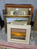 A collection of assorted pictures and prints to include oil on boards, caricature etc.