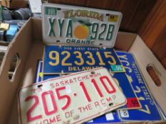 A tray of vintage American license plates to include Florida and Delaware