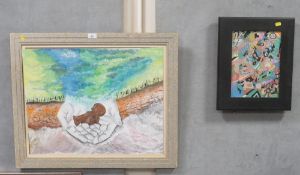 An unusual oil depicting a baby in hands together with another abstract oil on canvas (2)