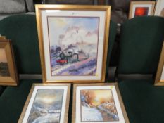 Marilyn Allis ‘Steam and Snow’ watercolour, signed, 43 x 35 cm, together with two further Winter sce
