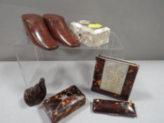 A small tray of collectables to include shoes snuff boxes, mother of pearl card case A/F etc
