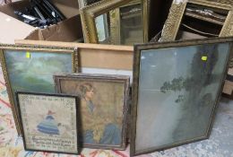 A modern silver framed mirror together with a local Walsall print, etc.