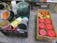 Two trays of items to include plastic / card planters, pots, pestle and mortars and metal tea